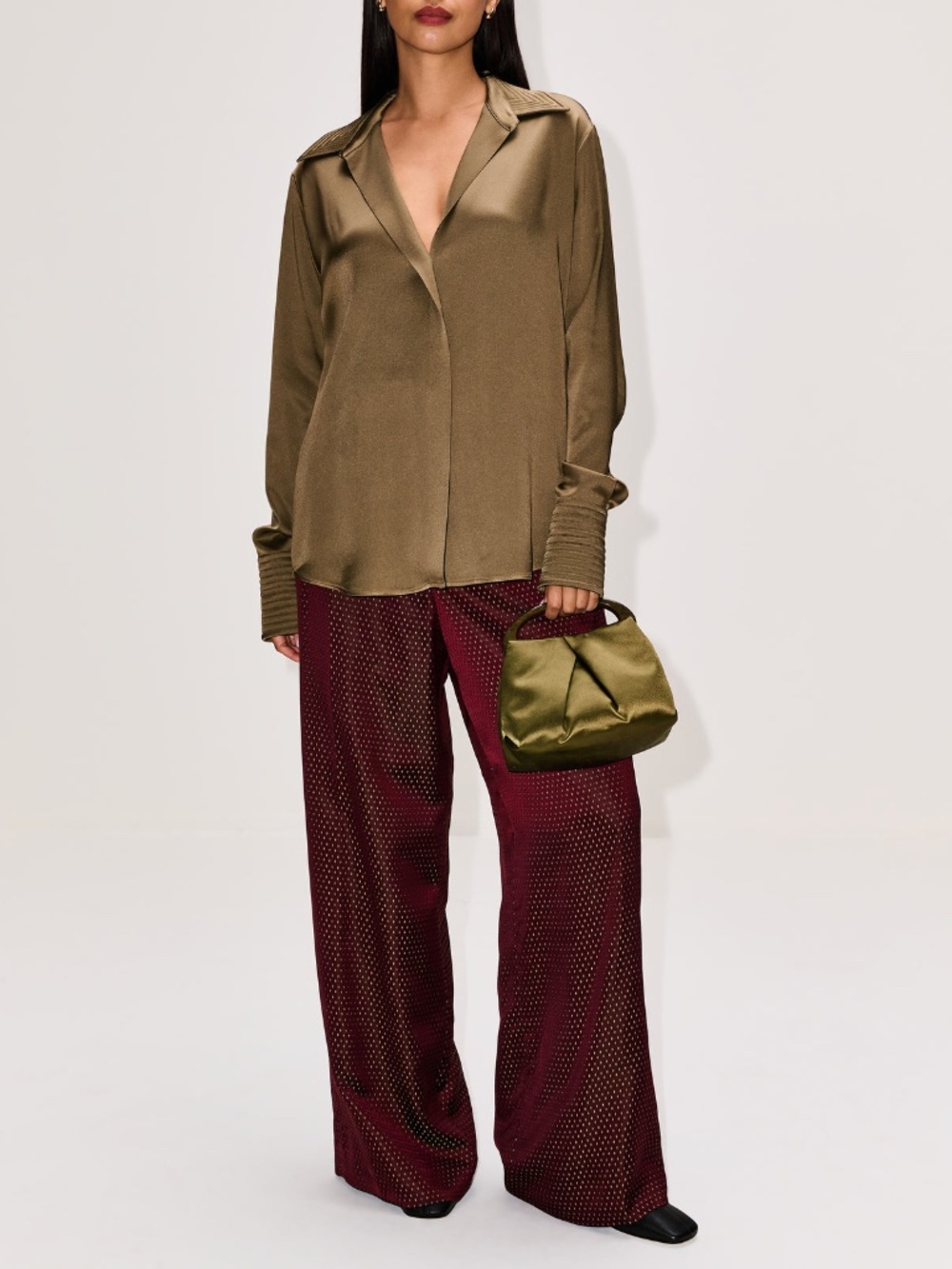 Dries Van Noten Celinta Satin Button Up Shirt Khaki 42 FR NWT